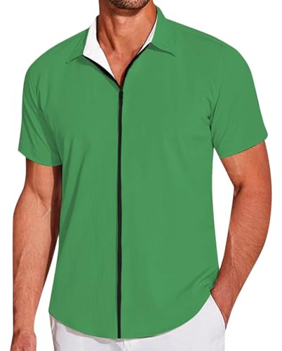 Chemise Homme Manches Courtes à Fermetures Eclair Chemise Homme Couleur Unie de Sport Décontracté Travail Chemisette pour Hommes Col Revers à Zip Chemises Habillé Slim Fit Surchemise Grande Taille