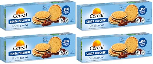 Céréal Biscotti SENZA ZUCCHERI, Fior di Cacao merendine dolci senza zuccheri, 185 g (Confezione da 4)