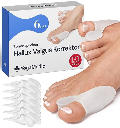 YOGAMEDIC Hallux Valgus Zehenspreizer für den Großen Zeh 6 Stk, transparent- Unterstützung zur Ballenzehen Korrektur- Hallux Valgus Fußzehen Spreizer Bandage- 0% BPA, Ballenkorrektur- Damen, Herren