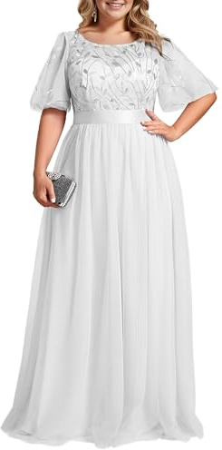 Ever-Pretty Robe de Mariage Col Rond Manches Courtes Taille Empire A-Line Tulle Longue pour Soirée Bal Gala Femme Blanc 46
