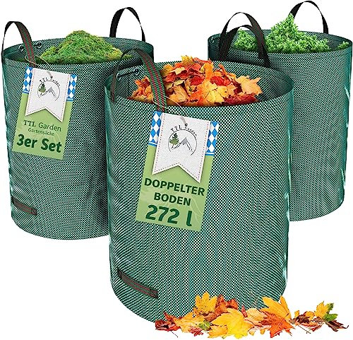 TTL Garden 3x 272L Gartensack - DOPPELTER BODEN extra stabil selbststehend 4 Griffe 150gsm groß robust & faltbar - 3er Set Garten Sack Laubsack Abfallsack für Gras Laub Hecke Gartenabfall
