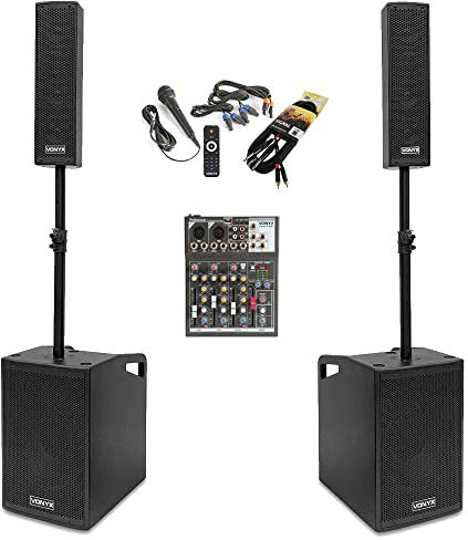 Vonyx VX1050 Portable Column PA System Kit with Dual Subwoofers, Column Speakers, VMM-F401 Audio Mixer, Speaker Poles & Wired Microphone for Vocalists, Bands, DJs & Event Venues