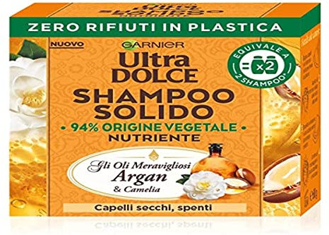 Garnier Ultra Dolce Shampoo Solido con Oli meravigliosi di Argan e Camelia, Per capelli secchi e spenti, Con packaging 100% ecologico plastic-free, 60 gr