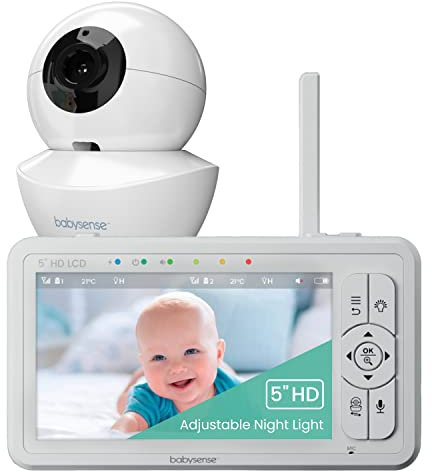 Babysense 720p 5 HD Baby Monitor, Video Baby Monitor with Camera and Audio, Remote Pan and Tilt, Adjustable Night Light, Long Range, Two-Way Audio, 4x Zoom, Night Vision, 4000mAh Battery