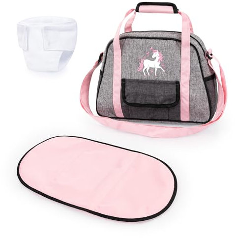 Bayer Design 69033AB Wickeltasche für Puppen, Wickelunterlage, Stoffwindel, Puppenzubehör, Jeans-grau, Rosa