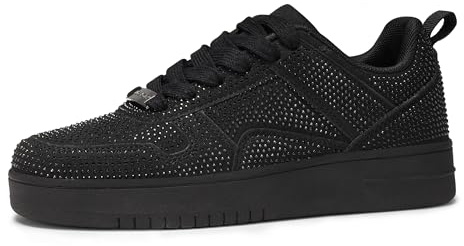 LUCKY STEP Dammode gnistrande strass sneakers vitt läder lågtopp tennisskor snörning avslappnad bekväm promenadsko, Svart strass, 43 EU