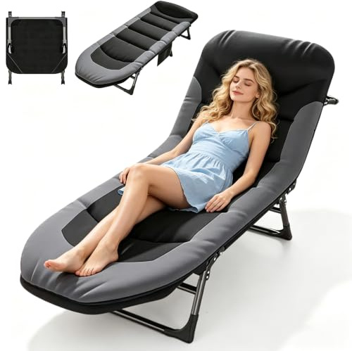 Lit de Camping Pliable XXL, Lit de Camp Pliant avec 6 Dossiers Réglables, Chaise Longue Pliable, Matelas et Poche Latérale Inclus, pour Intérieur, Extérieur, Jardin, Pêche (Gris)