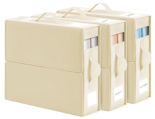 DIMJ Bedding Storage Organiser Boxes - Foldable Linen Bed Sheet Organiser, Bed Organizer Storage Box with Handle and Window for Sheet, Duvet, Blankets and Towels, Pillow Cases, Clothes, 3 Pack (Beige)