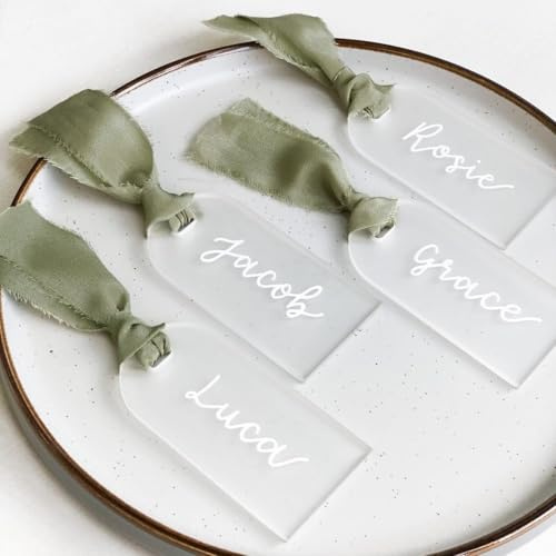TETOU 50Pcs Acrylic Place Card for Wedding Frosting Acrylic DIY Table Seating Cards Wedding Supplies with Green Ribbon