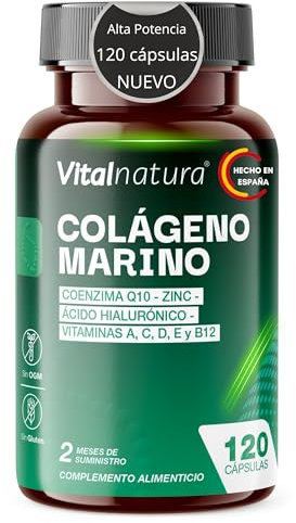 Colágeno Marino Hidrolizado 120 Cápsulas con Ácido Hialurónico, Coenzima Q10, Vitaminas A C E D3 B12 y Zinc – Elasticidad de la Piel, Arrugas, Cabello, Uñas y Apoyo Articular – Vitalnatura