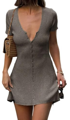 GCZREN Mini robe sexy en tricot à manches courtes avec col en V profond et boutons sur le devant pour femme