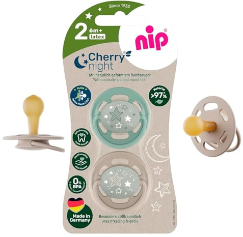 NIP Cherry NIGHT 6 + Rundsauger Schnuller Leuchtschnuller, CHERRY NIGHT 6-36 Monate, Knopf leuchtet langanhaltend im Dunkeln, HAUTFREUNDLICH, NACHHALTIG, 2er Pack UNISEX Babies