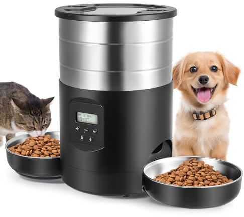 Distributore Automatico Cibo Gatti, 5L Mangiatoia Automatica Gatti con Porzioni e Timer Programmabili, Dispenser Crocchette Gatto con Doppia Alimentazione