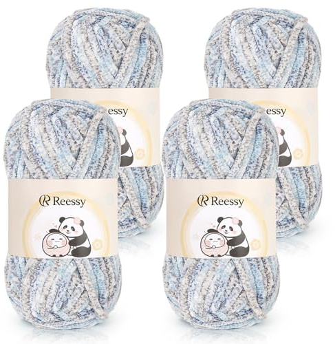 Reessy Chenille Yarn 400g, Super Soft Chunky Wool for Knitting-Blue Grey | Fluffy Velvet Chenille Wool Ombre, Rainbow Thick Yarn Chunky Wool for Knitting Exquisite Crafts, Amigurumi, Baby Blanket