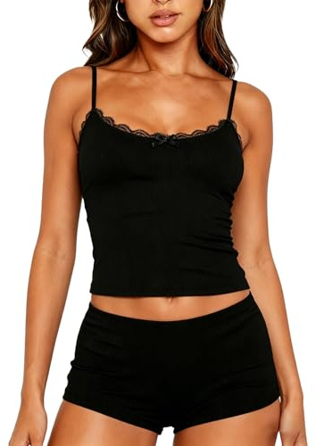Dressmine Lace Women's Pyjama Sets Adjustable Cami Shorts Pjs Crop Slim Fit Y2K Soft Cute Loungewear Sleepwear