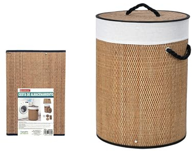 Weida Cesto de la Ropa Sucia de Bambú | Con Tapa y Asas Plegable | Bolsa Extraíble y Lavable | Diseño Natural | Para baño o Dormitorio | Color Marrón Oscuro Bambú (50cm-35cm Redondo)