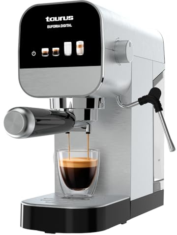 Taurus – Cafetera Espresso Euforia Digital | 1350W | Presión 20 bares | Depósito 900ml | Brazo 1 y 2 salidas | Vaporizador | Pantalla Táctil | Superficie Calienta tazas | Acabados en Inox
