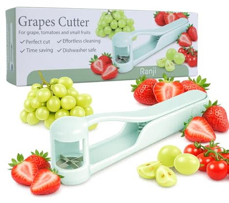 RANJI - Cortador de Uvas para Niños y Bebés – Cortador de Uvas en 4 para Fresas, Tomates Cherry y Frutas – Cortador de Frutas para Niños Fácil de Limpiar – Utensilios Cocina Niños Multifunción (Azul)