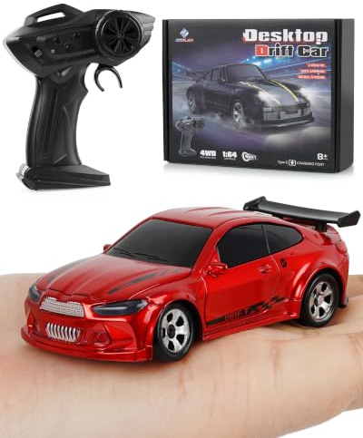 ARRIS Mini auto de deriva a control remoto 1/64, micro 4WD de escritorio con luces LED y modos de 2 velocidades, bolsillo de acrobacias a media escala de 2.4 GHz, RTF Drifter para adultos, color rojo