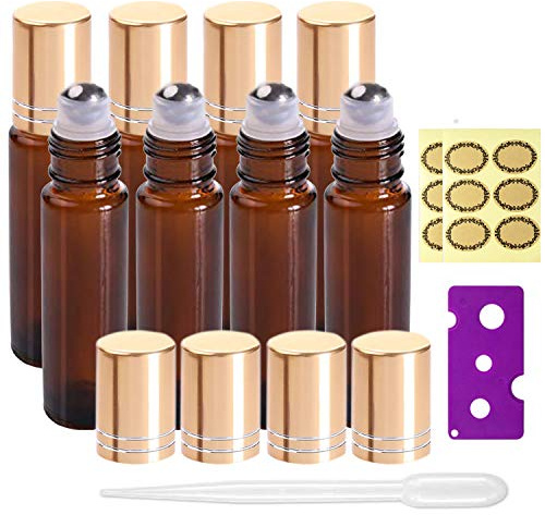 JamHooDirect 8Pcs 10ml Essential Oils Roller Bottles, Refillable Amber Glass Roll on Bottles with Golden Lids, Includes 12Pcs Stickers, 1 Dropper & 1 Opener - Great for Aromatherapy, Fragrance