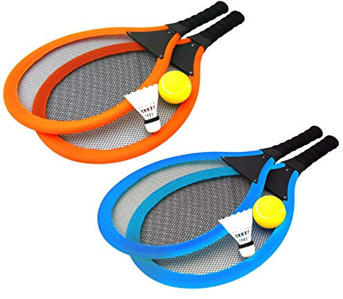 Carousel Home PACK of 2 Jumbo Soft Tennis Set With Soft Ball and Shuttlecock ~ Outdoor Beach Toy Tennis Rackets for Kids to Play Tennis or Badminton
