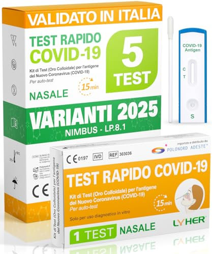 Adeste – 5 Tamponi COVID 19 rapido 2025 - Test Nasali Nuove Varianti 2025 - Sensibilità 100% a carica virale alta - Certificati per Uso Domestico - Risultato rapido