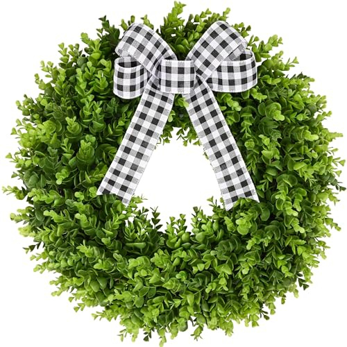 Vlorart 24 Large Boxwood Wreath for Front Door, Artificial Greenery Wreath with Plaid Bow, Full Lush Spring Summer Farmhouse Wall, Window & Wedding Decor