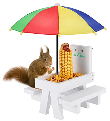 MIXXIDEA Eichhörnchen-Futtertisch mit Schirm, Eichhörnchen-Picknicktisch aus Holz, Maiskolbenhalter, mit Solider Struktur und 2 x dicken Bänken (bunt)