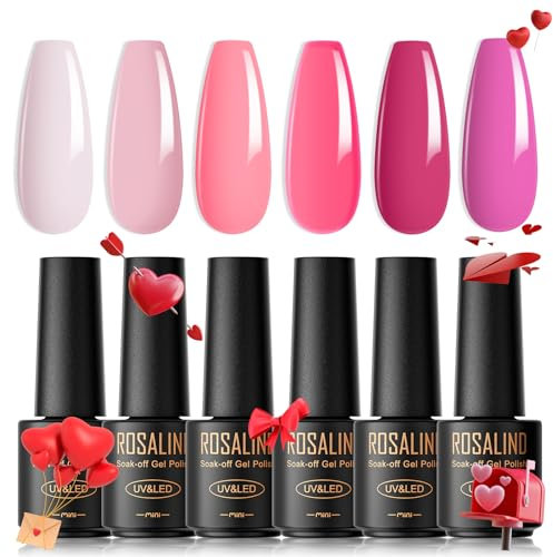 ROSALIND Smalto Semipermanente Pastello, 6 estate Colori Mini Smalti Semipermanenti per Unghie Rosa Gel Unghie UV/LED Kit Nail Polish Manicure Regalo di San Valentino