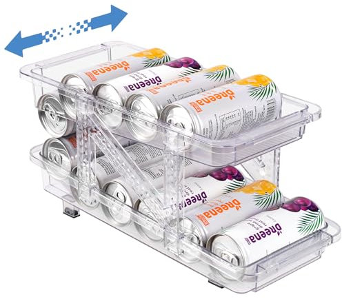 Hossejoy Adjustable Width Soda Can Dispenser for Refrigerator, Plastic Double-Layer Automatic Rolling Beverage Storage Organizer, Canned Food Pop Cans Container Holder for Pantry, Freezer, Cabinets