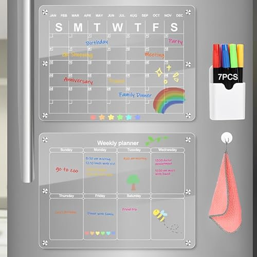 2 Stück Acryl Kalender Magnetisch Wochenplaner Abwischbar & Monatsplaner Abwischbar, 40×30cm Magnettafel Kühlschrank, Essensplaner Woche Planungstafeln Stundenplan to do Liste