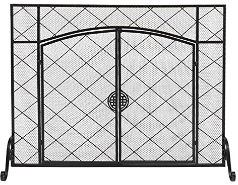 Parascintille Camino Parascintille for camino Linea sottile Rombo Piccola griglia Decorazione Doppia porta Quadrata in ferro battuto 111x13x84CM Protezione per Stufa/Caminetti