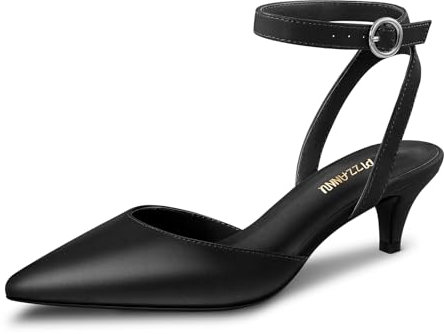 PIZZ ANNU Kitten Heel Shoes for Women Low Heel Pointed Toe Court Shoes for Women Ankle Strap Wedding Shoes for Bride Size 4 Black