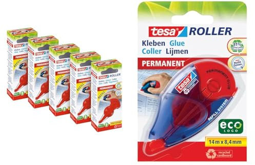 tesa Kleberoller permanent Nachfüllkassette im 5er Pack & Roller Kleben Permanent ecoLogo - Nachfüllbarer Kleberoller mit reißfestem Band & doppelseitigem Klebefilm - lösungsmittelfrei - 14 m x 8,4 mm