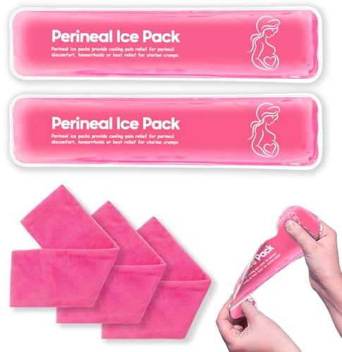 Paquetes de hielo perineal reutilizables posparto, compresas frías perineales, cuidado de recuperación del dolor de hemorroides posparto, 2 almohadillas de gel + 3 fundas lavables (rojo)