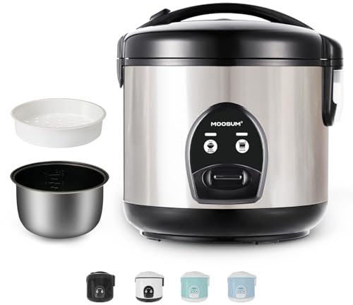 MOOSUM Reiskocher & Eine-Knopf-Bedienung,1,8L große Kapazität,Für 2-10 Personen,Schnelle Zubereitung ohne Anbrennen - Mit Warmhaltefunktion inkl. Dämpfeinsatz, Löffel & Messbecher, Silber