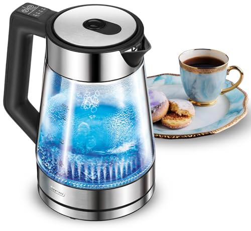 MPM MCZ-116 - Bollitore elettrico da 1,7 l, con illuminazione a LED, 2200 W, regolazione della temperatura 50-100 °C, alloggiamento in vetro e acciaio inox, funzione di mantenimento in caldo