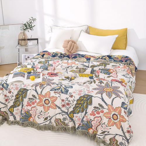 Snylcce Grande Couverture bohème Double Face - 100% Coton Biologique tissé à la Main pour lit et canapé, Accent Boho Confortable pour canapés et fauteuils 2-3 Places - 200x230cm,Grenadine Blanche
