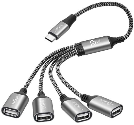 Mygatti Adattatore USB C Splitter a 4 Porte, 0,3 Metri, USB 2.0, 480 Mbit/s, 5 V, 2 A, 10 W, Plug and Play, 1 Anno di Garanzia, per Laptop, PC, Mouse, Tastiera, Stampante, TV, Altoparlanti