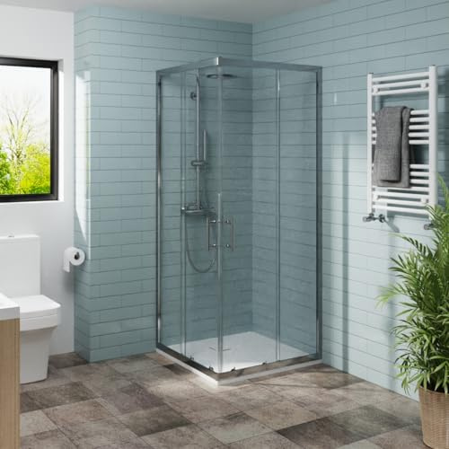 NRG 900 x 900mm Square Corner Entry Shower Enclosure Bathroom Enclosure Cubicle Chrome Profile with White SMC Shower Tray