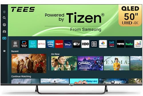 Tees 50 inch 4K QLED Smart TV, Tizen OS UHD Central Stand Design Television with AppleTV+ BBC Netflix Freeview Gaming Hub, MEMC HDR10 Ideal Large Screen for Living Room, Made in the UK