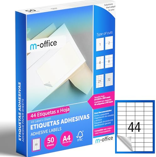 M-office Etiquetas Adhesivas A4 compatible con Label Printer, Pegatinas Blancas Adhesivas para Uso Diario, Papel Adhesivo para Imprimir, Pegatinas para Escribir (44 por hoja, 50h)