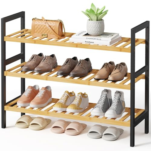 Kitsure Bamboo Shoe Rack – 3-Tier Bamboo Wooden Shoe Rack with Built-in Handle, Easy Assembly Shoe Storage for Entryway, Closet or Bedroom (70 × 65 × 25 cm, Natural/Black)