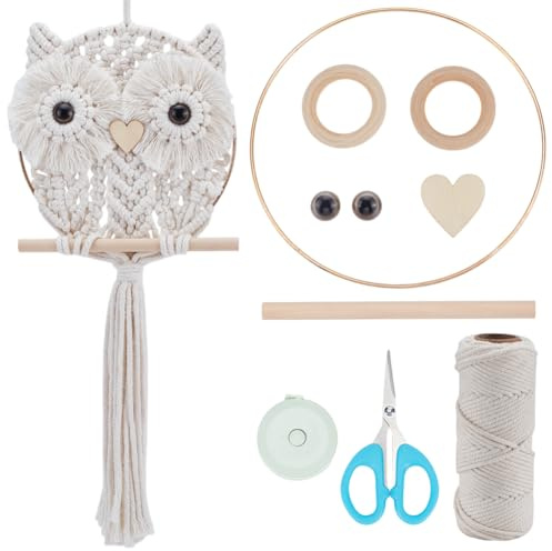 FREEBLOSS Juego de macramé de búhos para principiantes, juego de macramé colgante de pared con cordón de algodón blanco, juego de búhos con tutorial de vídeo decoración colgante para adultos regalo