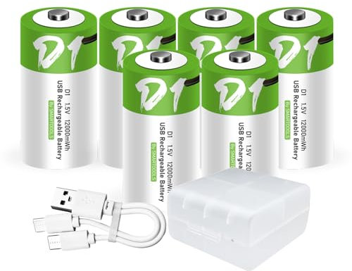 6 batterie D USB Type-C D agli ioni di litio ricaricabili, ad alta capacità, 1,5 V, 8000 mAh, 12000 mWh, batteria al litio ricaricabile, 3 ore di ricarica rapida, con cavo di ricarica