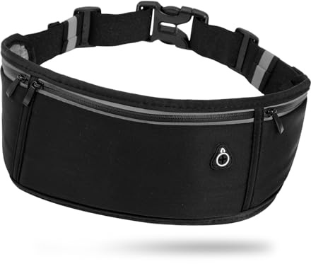 TIESOME Ceinture de Course,Ceinture Running avec 3 Poches, Sac de Course, Sac Banane de Sport, pour téléphone Portable de Moins de 7 Pouces, étanche, pour téléphone Portable, Jogging, Fitness,Noir