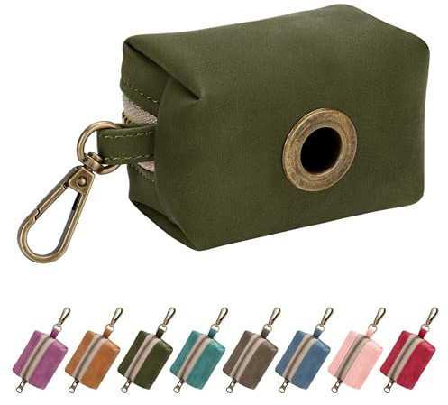 Didog Stylish Dog Poop Bag Holder for Leash, Easy-Pull and Colorful PU Leather Dog Poop Bag Dispenser with Metal Clip, Includes 1 Roll Pet Waste Bag for Daily Walking,Dark Green