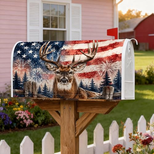 Coperture magnetiche per cassette postali con cervo, bandiera patriottica rustica americana, fuochi d'artificio Giorno dell'Indipendenza, pelle rossa per cassetta postale per giardino, patio