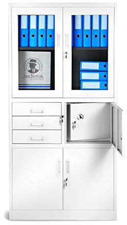 Jan Nowak Aktenschrank C018S Büroschrank Metallschrank Tresor Safe Geheimfach Flügeltüren Schubladen Pulverbeschichtung Stahlblech 185 cm x 90 cm x 40 cm (H x B x T) (Weiß)