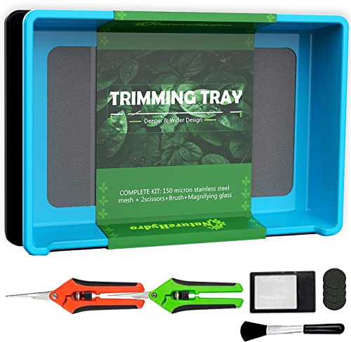 Naturehydro Trimming Tray with Dry Sift Tools Trim Bin for Pollen and Herbs with Screen 2-in-1 Herb Sifter 150 Micron Screen 2 Trimming Scissors and Brush (Blue)